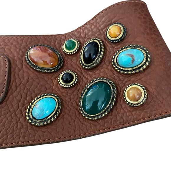 Leatherock Brown Leather Wide Made in Italy Stone Gild Buckle Belt size large - Picture 2 of 10